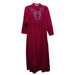 Vtg Vanity Fair Bathrobe Medium Zip Up Raspberry Embroidered Housecoat USA Made